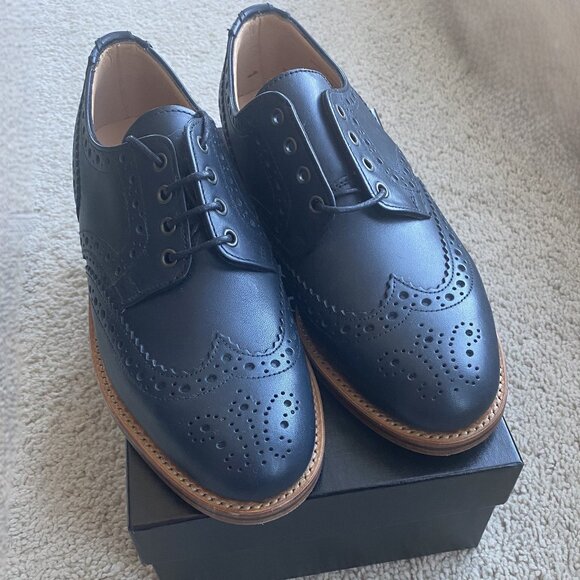 Sanders Made in England for J.Crew Wingtip Oxford Brogues Navy Shoes 8 NEW $450 - Picture 1 of 7